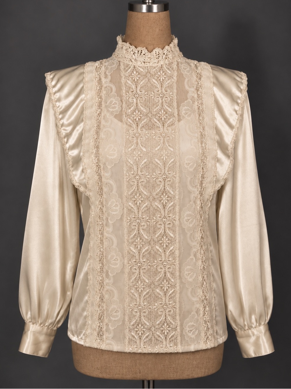 80s Victorian silky lace & ruffled top blouse. Button back. Sheer panel M